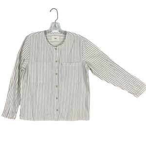 nwot FOLK Top Women 2~S Linen Cotton Stripe White Blue Pockets Slit Button-Up